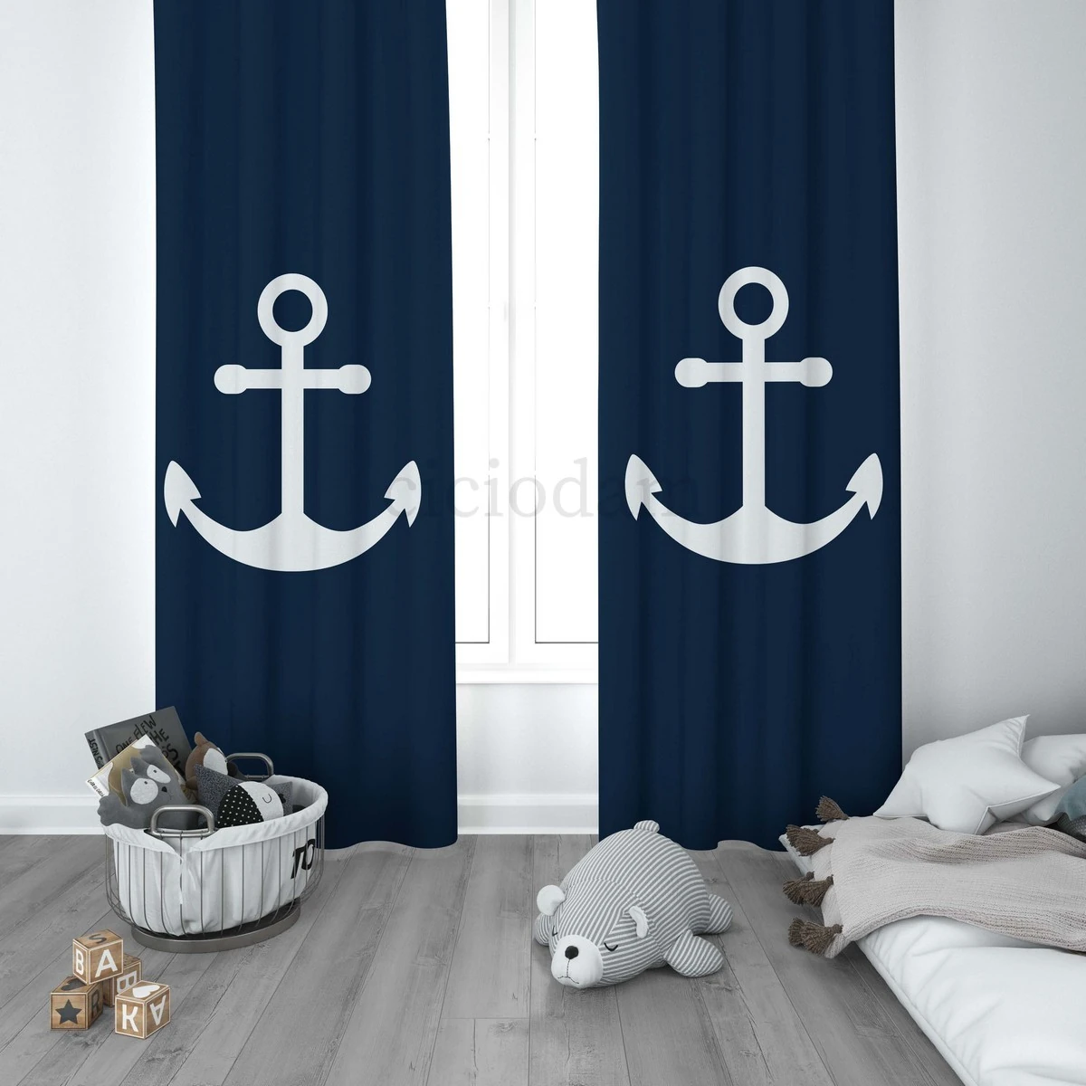 Çapa Desenli Dümen Yelken Denizci Çocuk Odası Perdesi