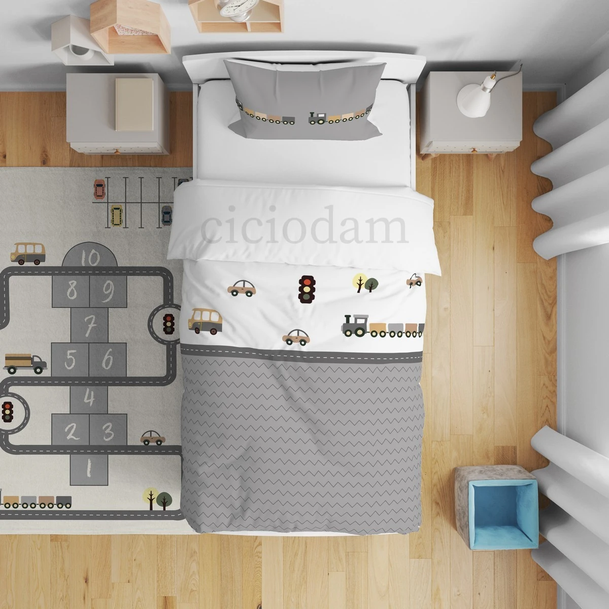 Gri Araba Tren Kamyon ve Araba Yol Nevresim