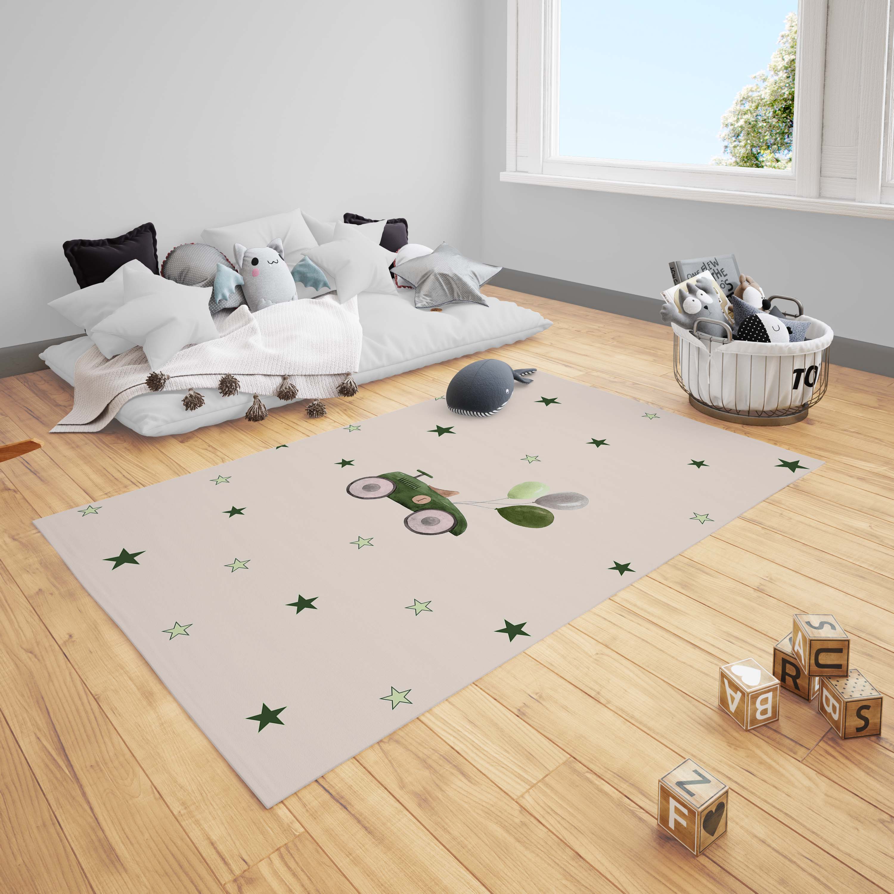 Yeşil Tahta Araba Balon ve Yıldızlar Çocuk Halısı
