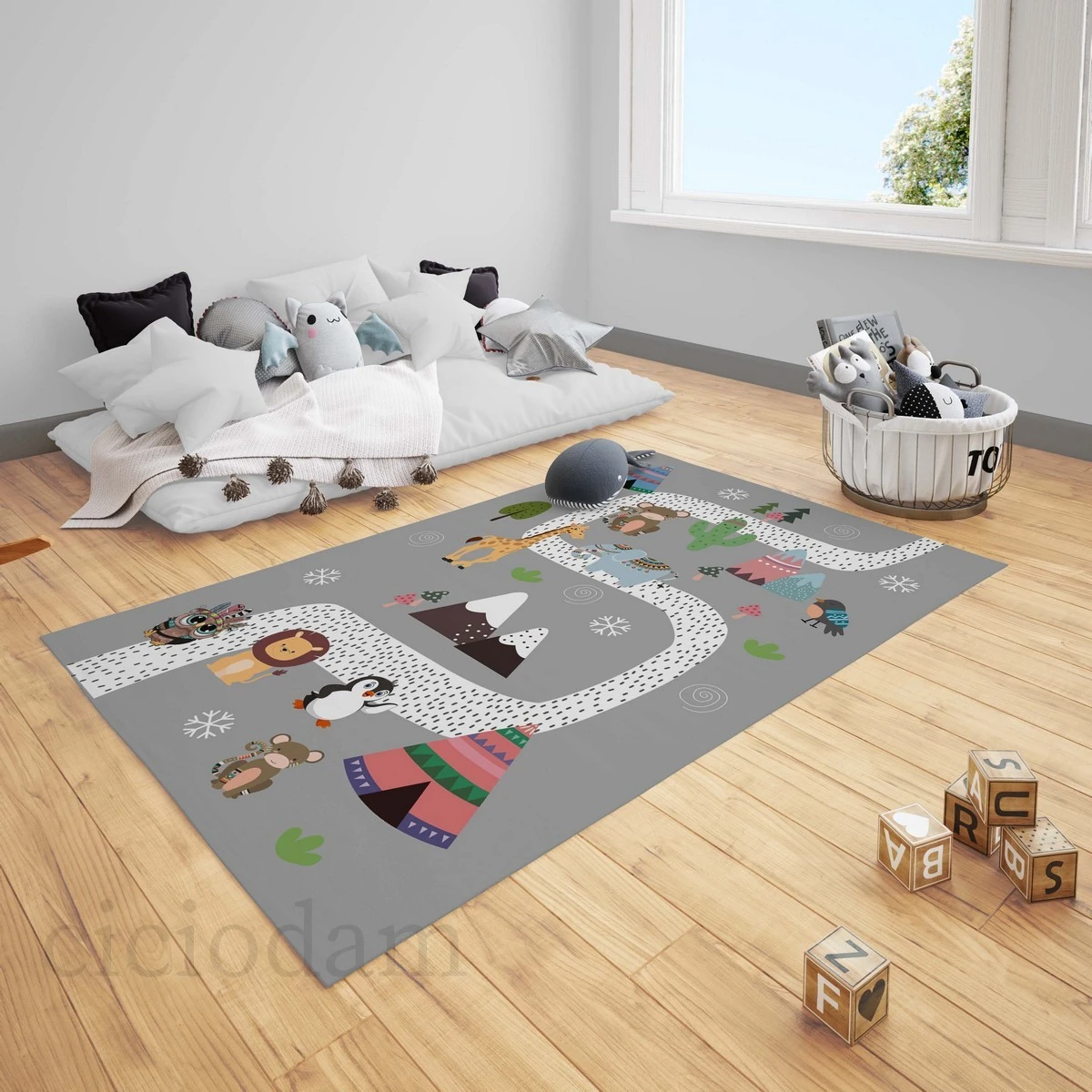 Safari Hayvanlar ve Araba Yol Oyun Çocuk Halısı