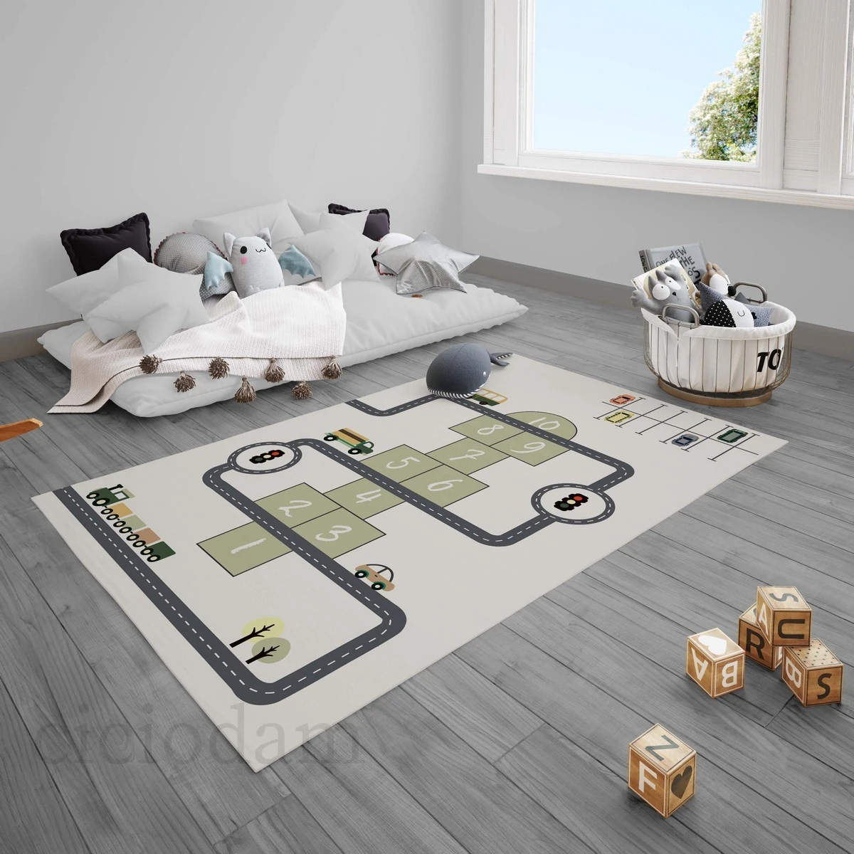 Yeşil Araba Tren Kamyon ve Gri Araba Yol Oyun Çocuk Halısı