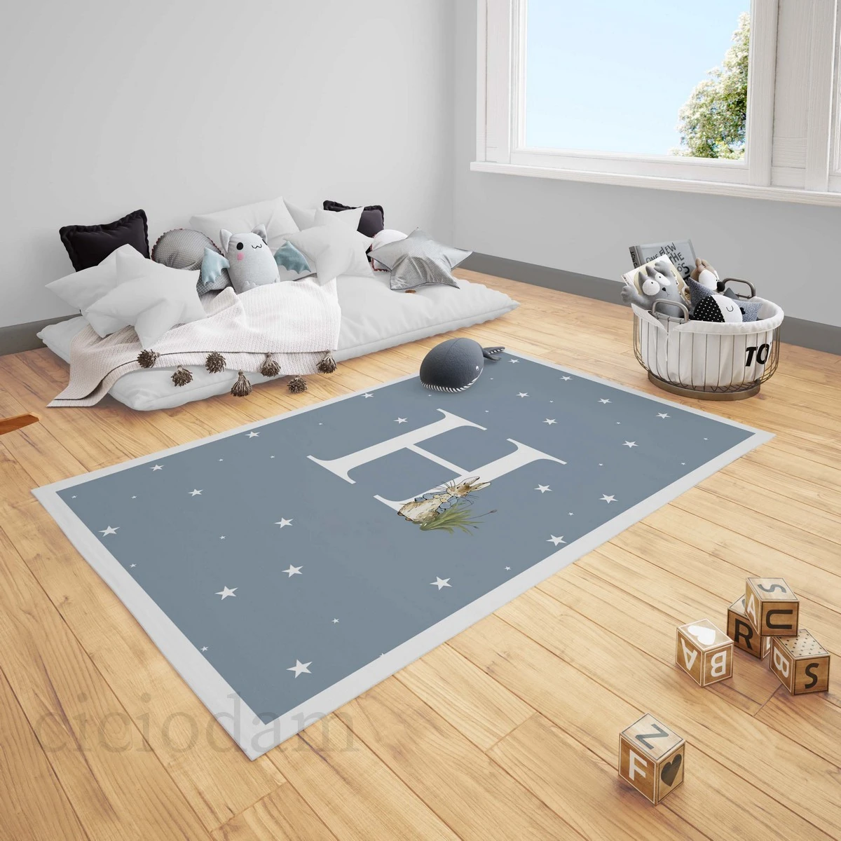 Havuçlu Tavşan Yıldızlar Bordürlü İsimli Çocuk Halısı