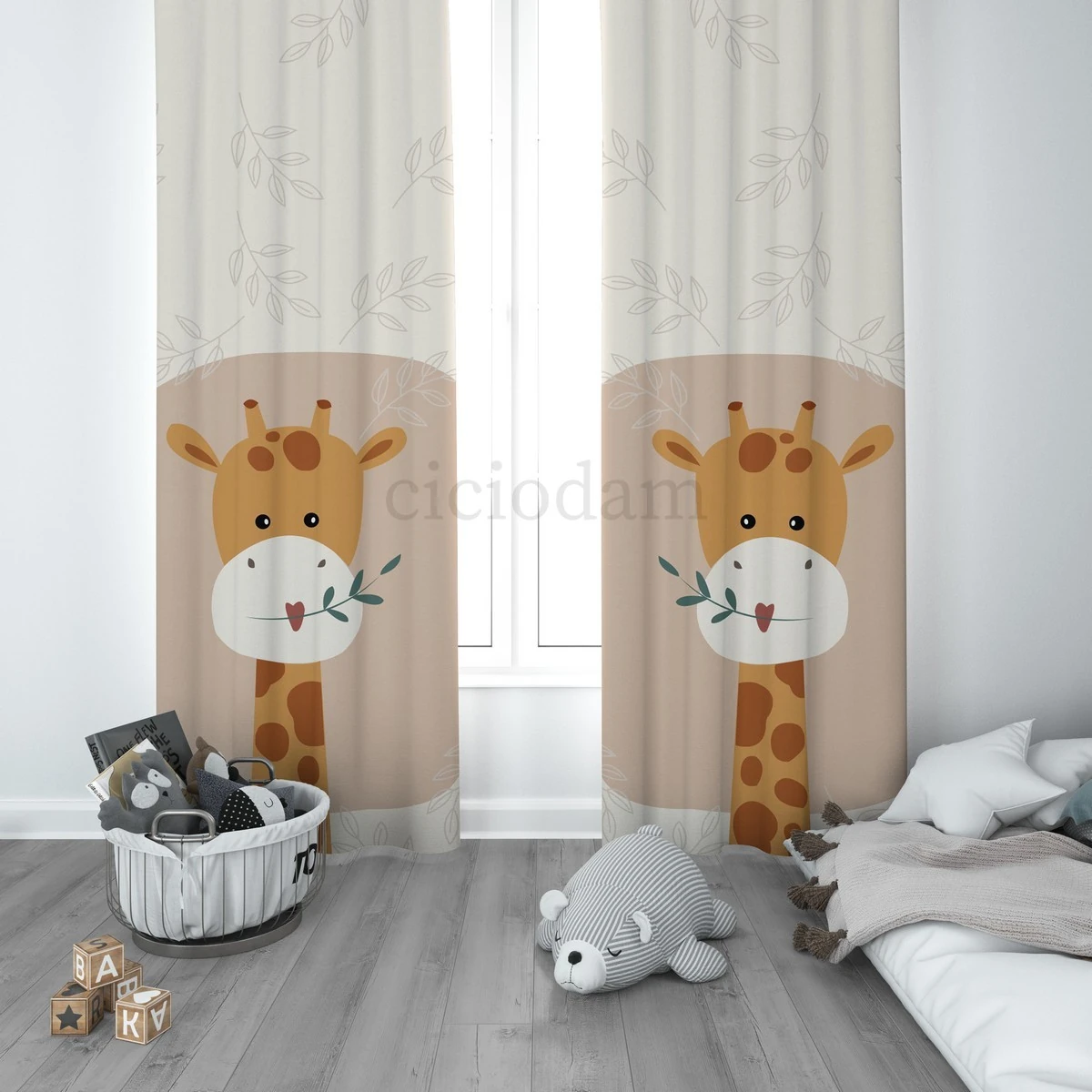 Zürafa ve Yeşil Dal Yapraklar Çocuk Odası Perdesi