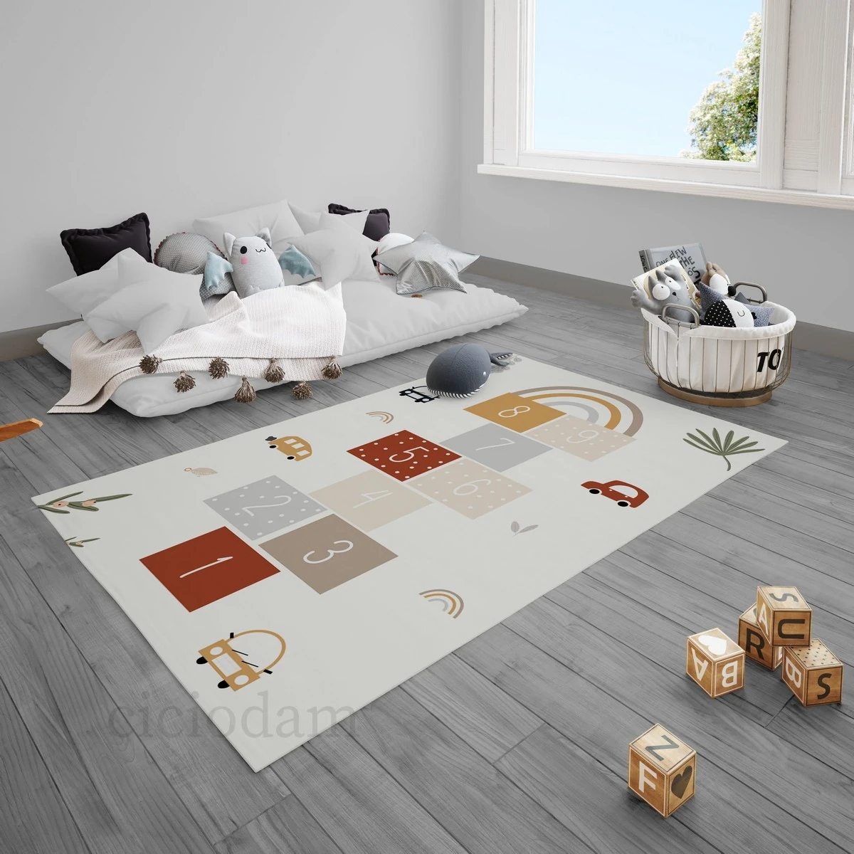 Renkli Arabalar Gökkuşağı Seksek Ve Dubalar Çocuk Halısı