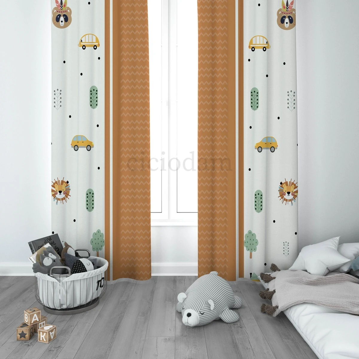 Kızılderili Ayı Zikzaklı ve Punatiyeler  Çocuk Odası Perdesi