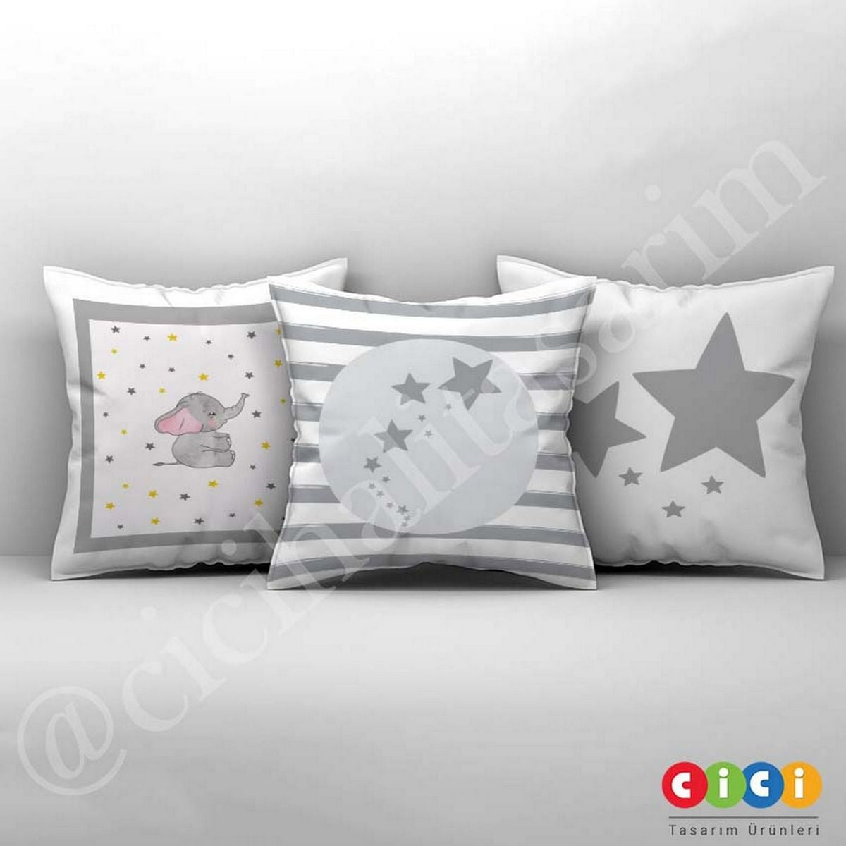 Gri Beyaz Çizgiler ve Yıldızlar Kırlent Kılıfı