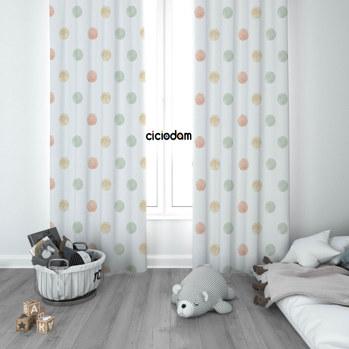 Sulu Boyalı Renkli Puantiyeli Çocuk Odası Perdesi 5126