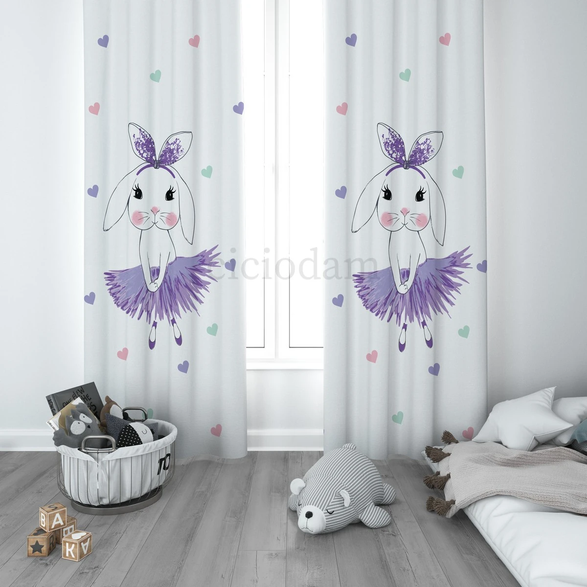 Balerin Tavşan ve Renkli Kalpler 5090 Çocuk Odası Perdesi