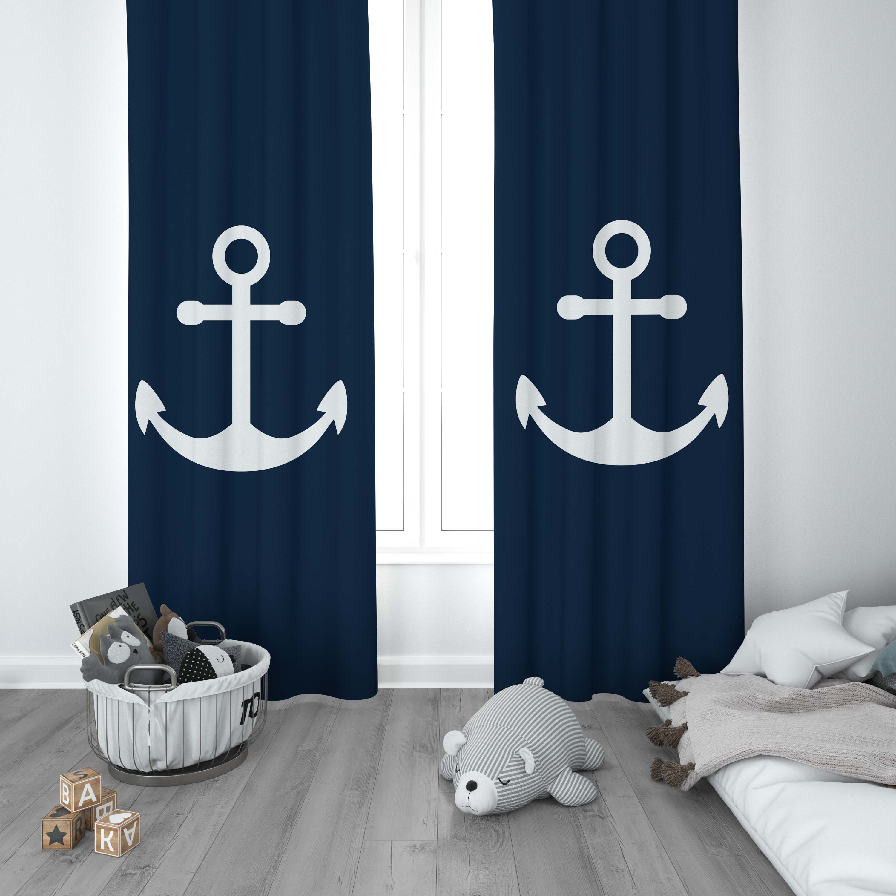 Çapa Desenli Dümen Yelken Denizci Çocuk Odası Perdesi
