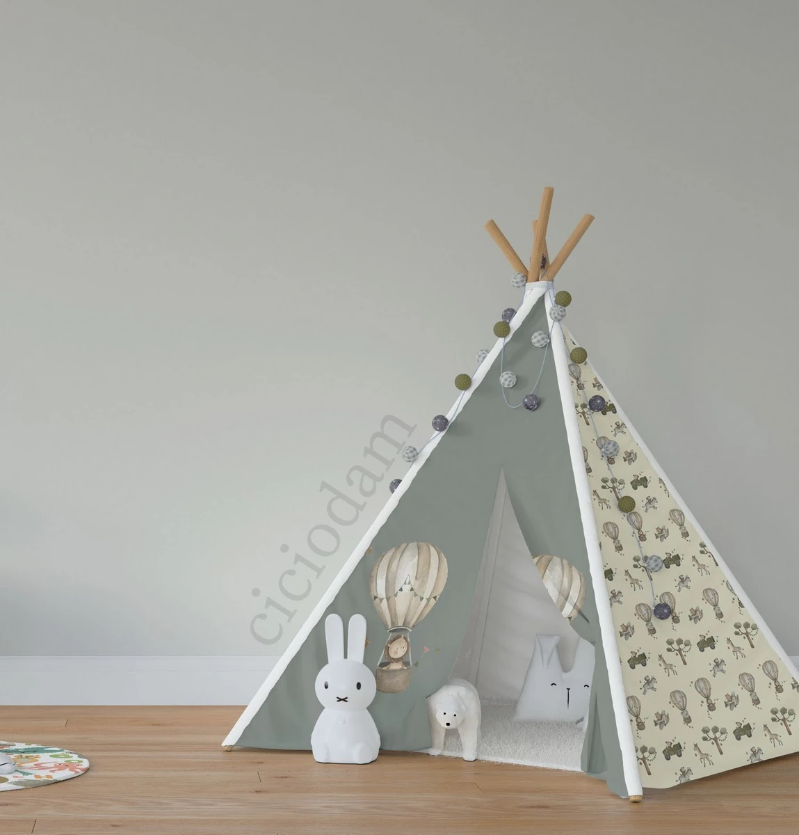 Zürafalı Maymunlu Zebralı Uçan Balonlu Ve Yeşil Araba Yollu Oyun Çadırı