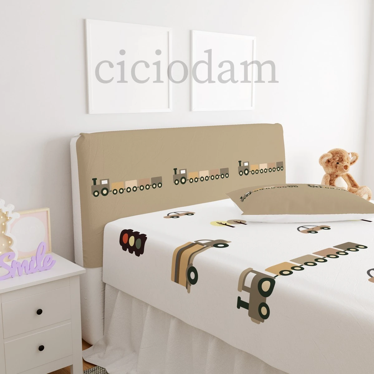 Kahverengi Araba Tren Kamyon Seksek ve Araba Yol Başlık Kılıfı