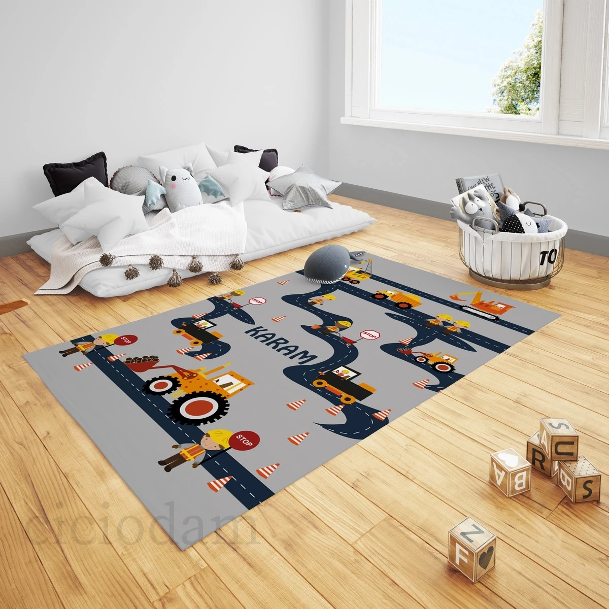 Araba Yollu İnşaat Makineleri Çocuk Halısı