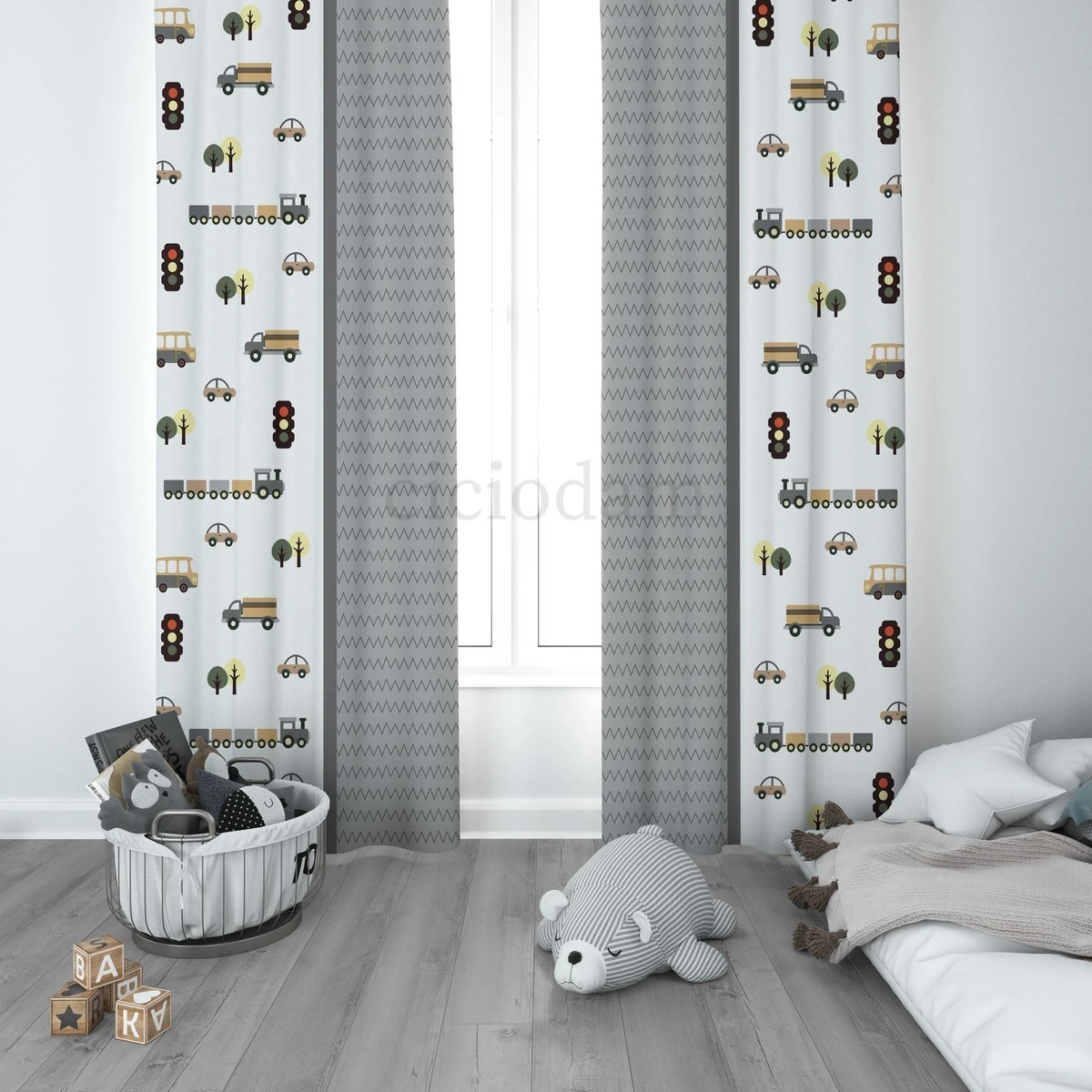 Gri Araba Tren Kamyon ve Araba Yol Çocuk Odası Perdesi