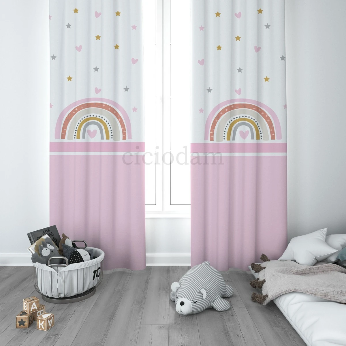 Gökkuşağı Seksek Kalp Yıldız Çocuk Odası Perdesi