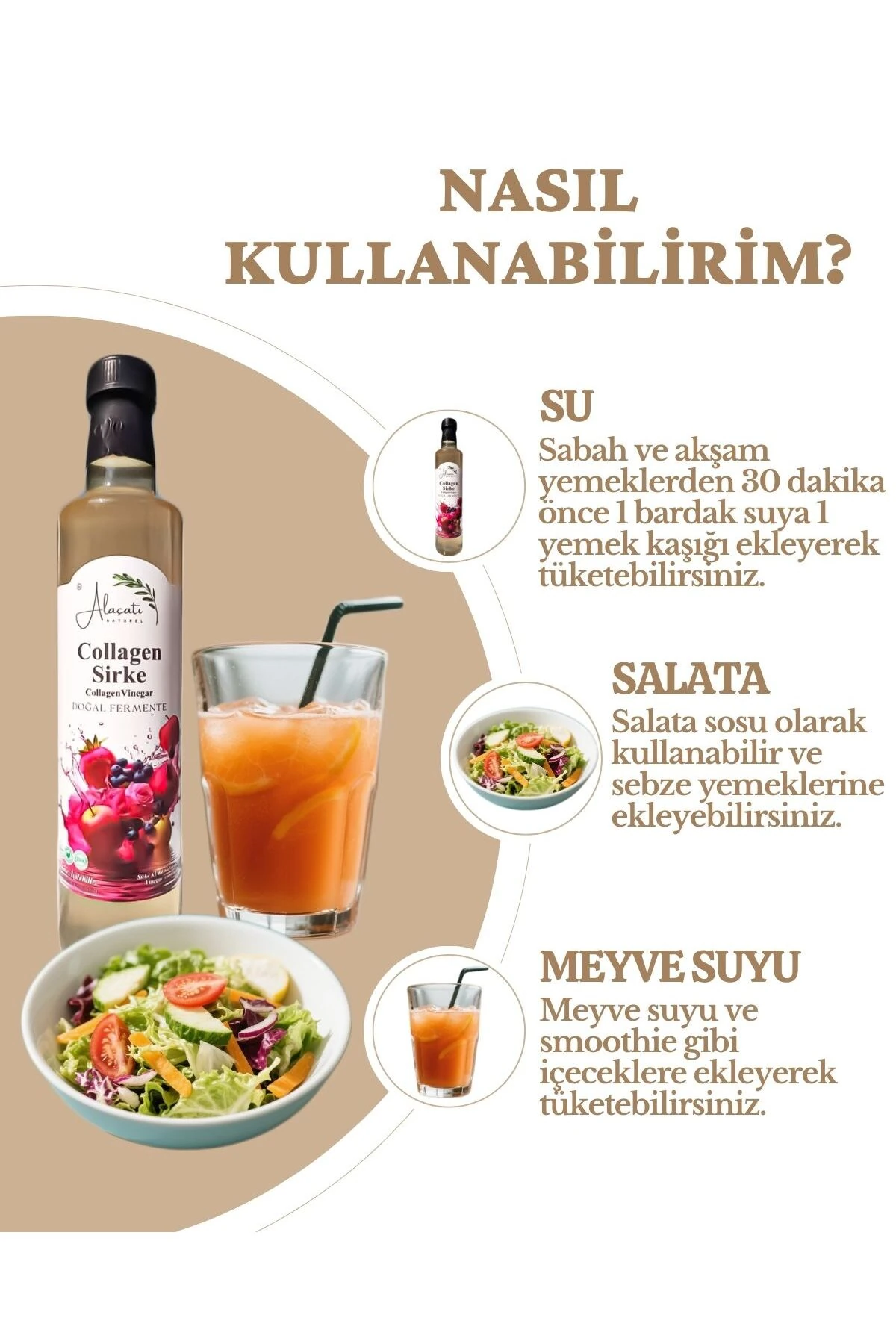 Collagen (Kolajen) Sirke Doğal Fermantasyon 500 ml - Katkısız İçilebilir - Tip 1-3