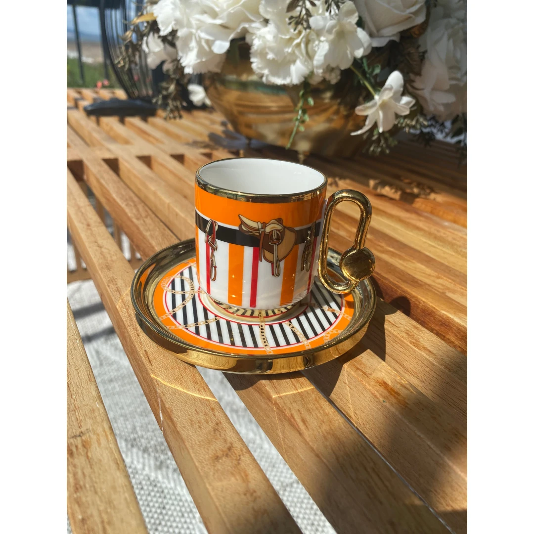 Altın Detaylı Binici Desen 6 Kişilik Porselen Türk Kahvesi Fincan Takımı Turuncu