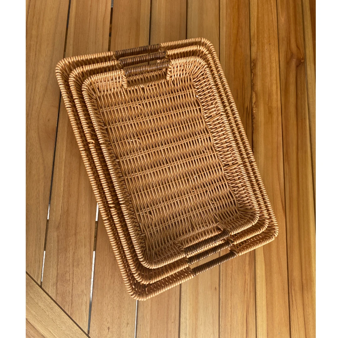 Doğal Görünümlü 3'Lü Dikdörtgen Hasır Rattan Servis Tepsi - Dekoratif Tepsi