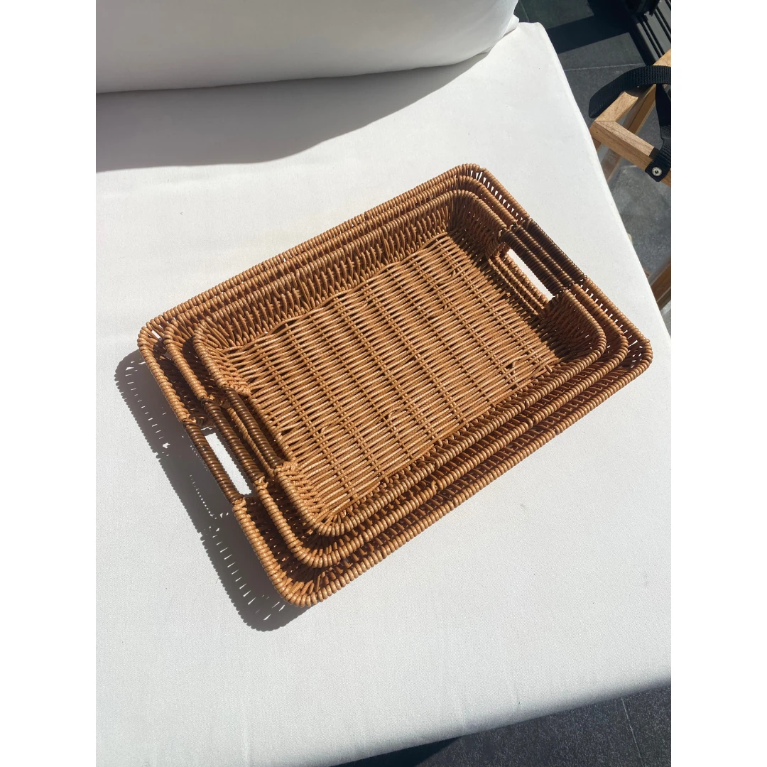 Doğal Görünümlü 3'Lü Dikdörtgen Hasır Rattan Servis Tepsi - Dekoratif Tepsi