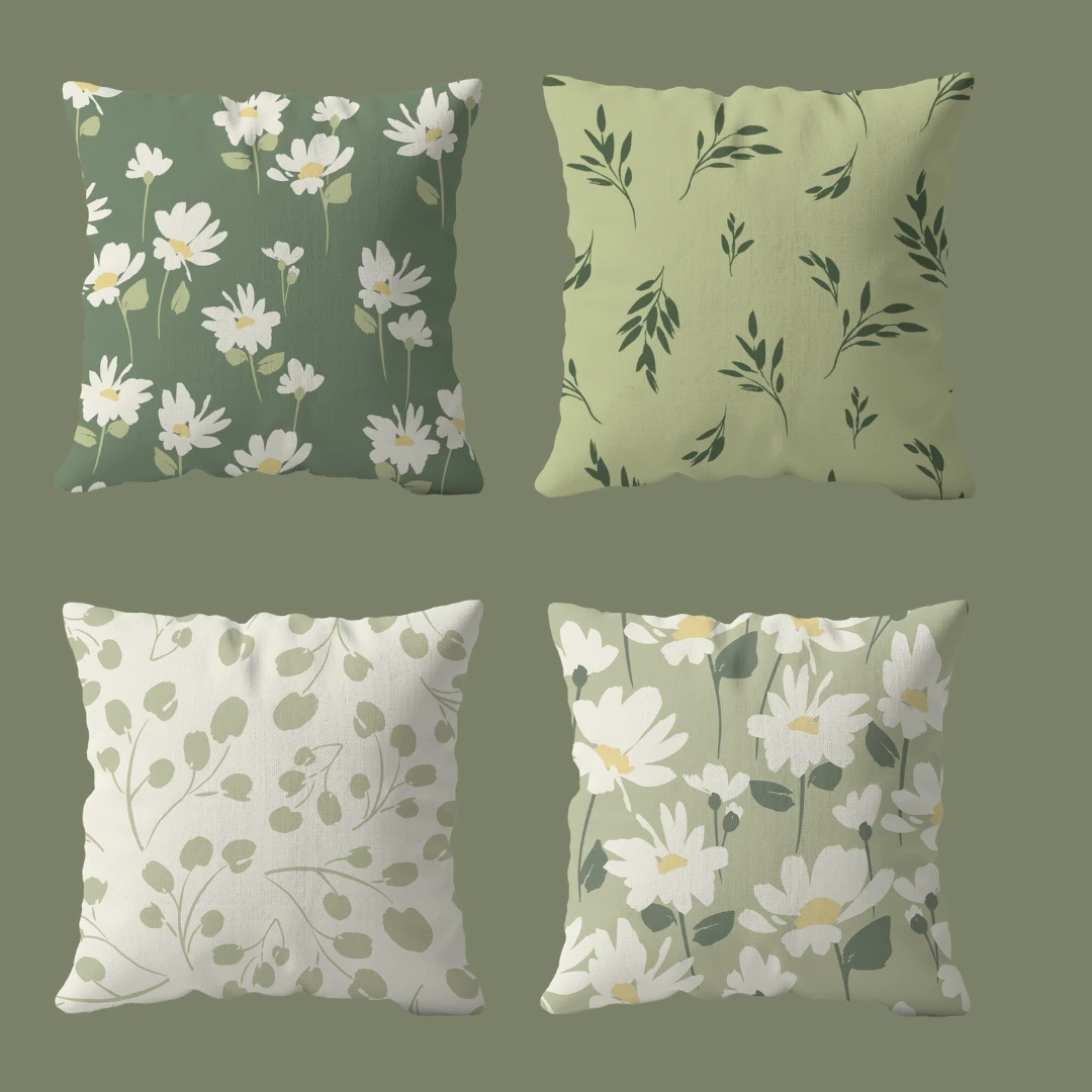 Yeşil Papatya Çiçek Desenli Çift Taraf Dijital Baskılı 4'lü Kırlent Kılıf Seti