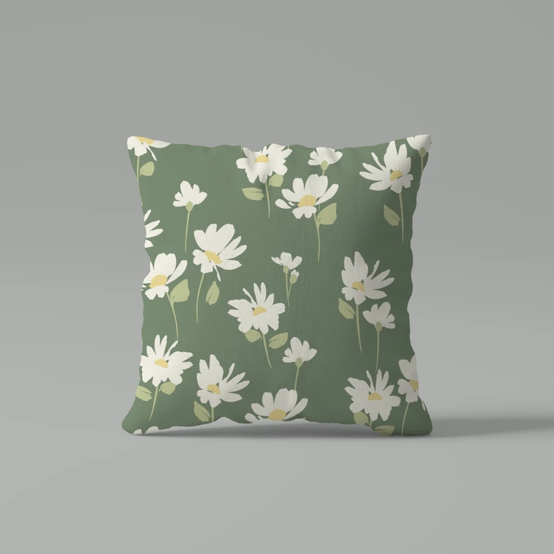 Yeşil Papatya Çiçek Desenli Çift Taraf Dijital Baskılı 4'lü Kırlent Kılıf Seti