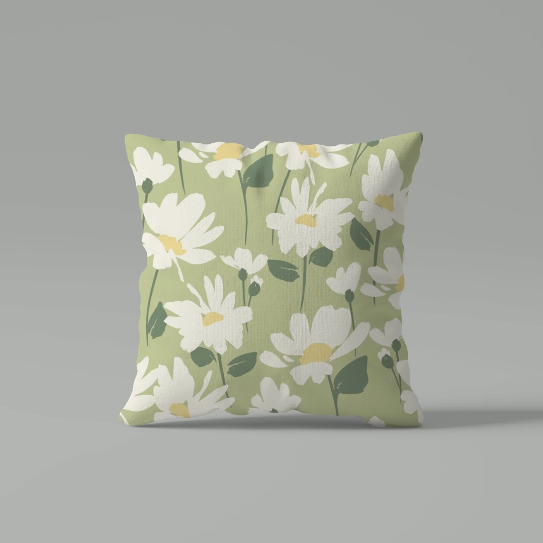 Yeşil Papatya Çiçek Desenli Çift Taraf Dijital Baskılı 4'lü Kırlent Kılıf Seti