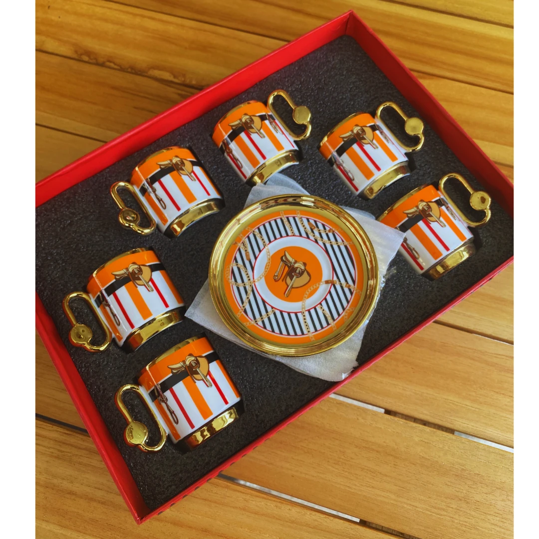 Altın Detaylı Binici Desen 6 Kişilik Porselen Türk Kahvesi Fincan Takımı Turuncu