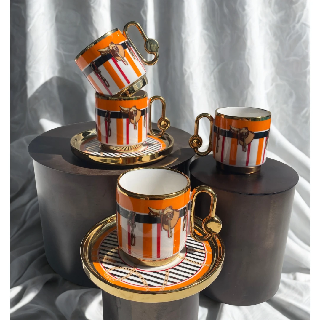 Altın Detaylı Binici Desen 6 Kişilik Porselen Türk Kahvesi Fincan Takımı Turuncu
