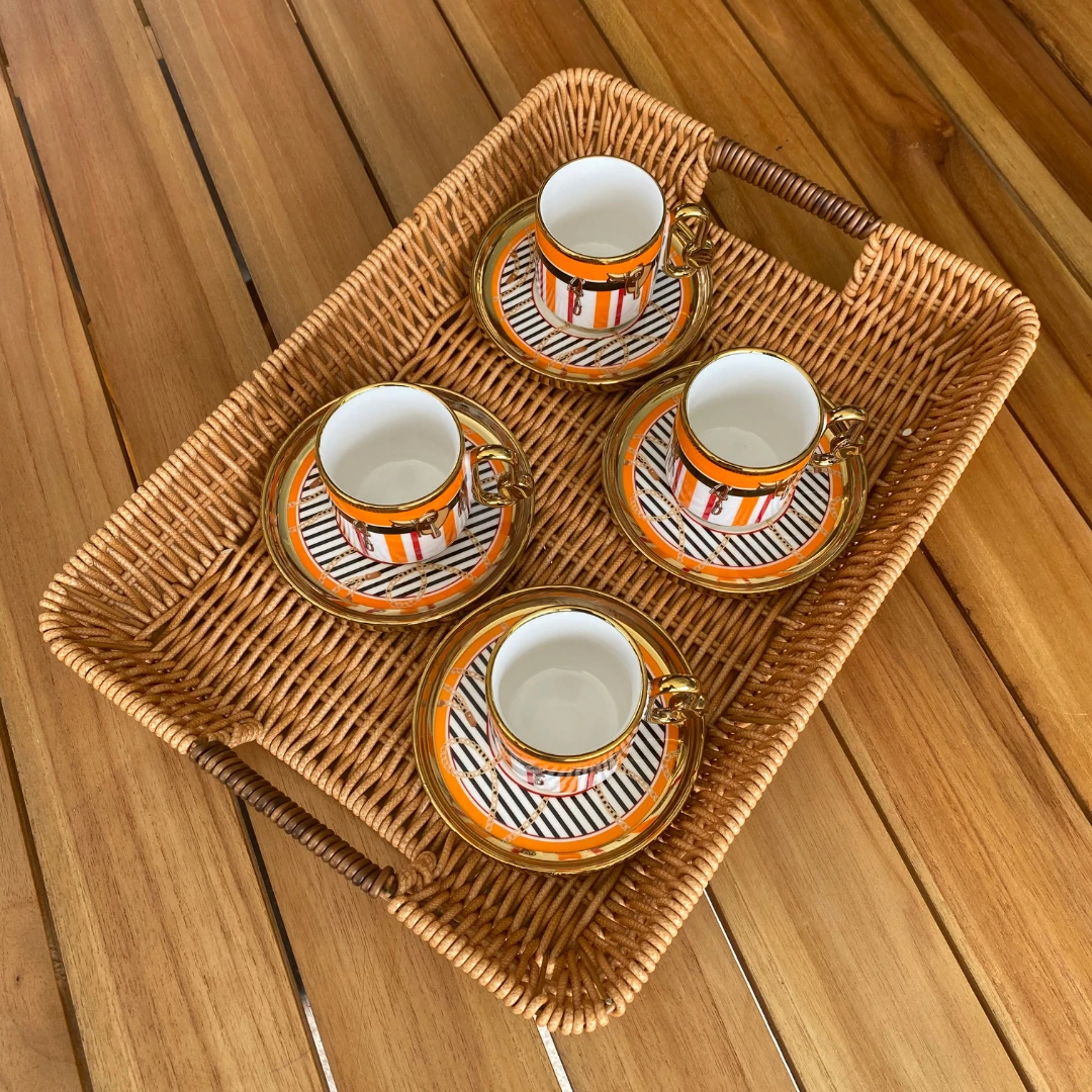 Doğal Görünümlü 3'Lü Dikdörtgen Hasır Rattan Servis Tepsi - Dekoratif Tepsi