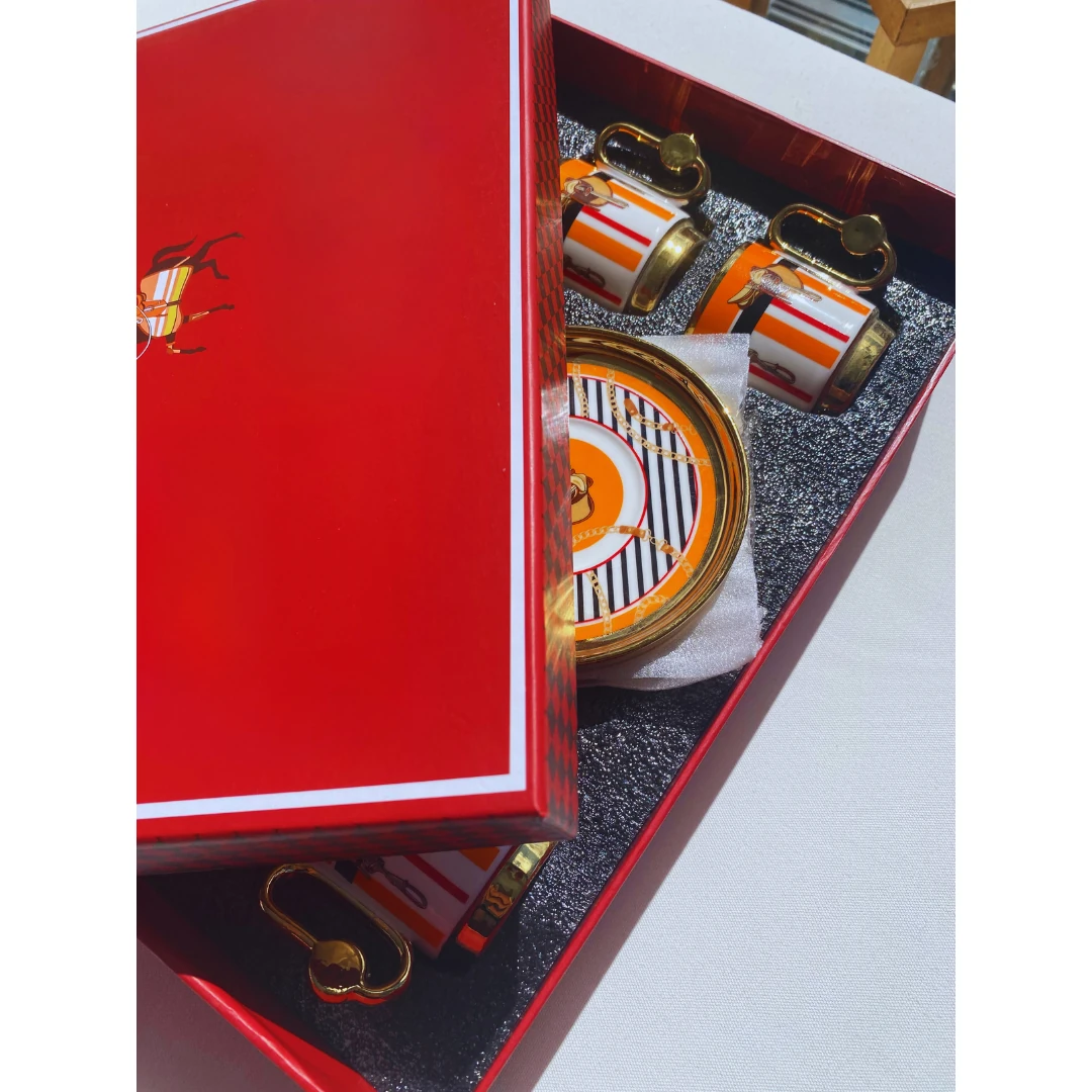 Altın Detaylı Binici Desen 6 Kişilik Porselen Türk Kahvesi Fincan Takımı Turuncu