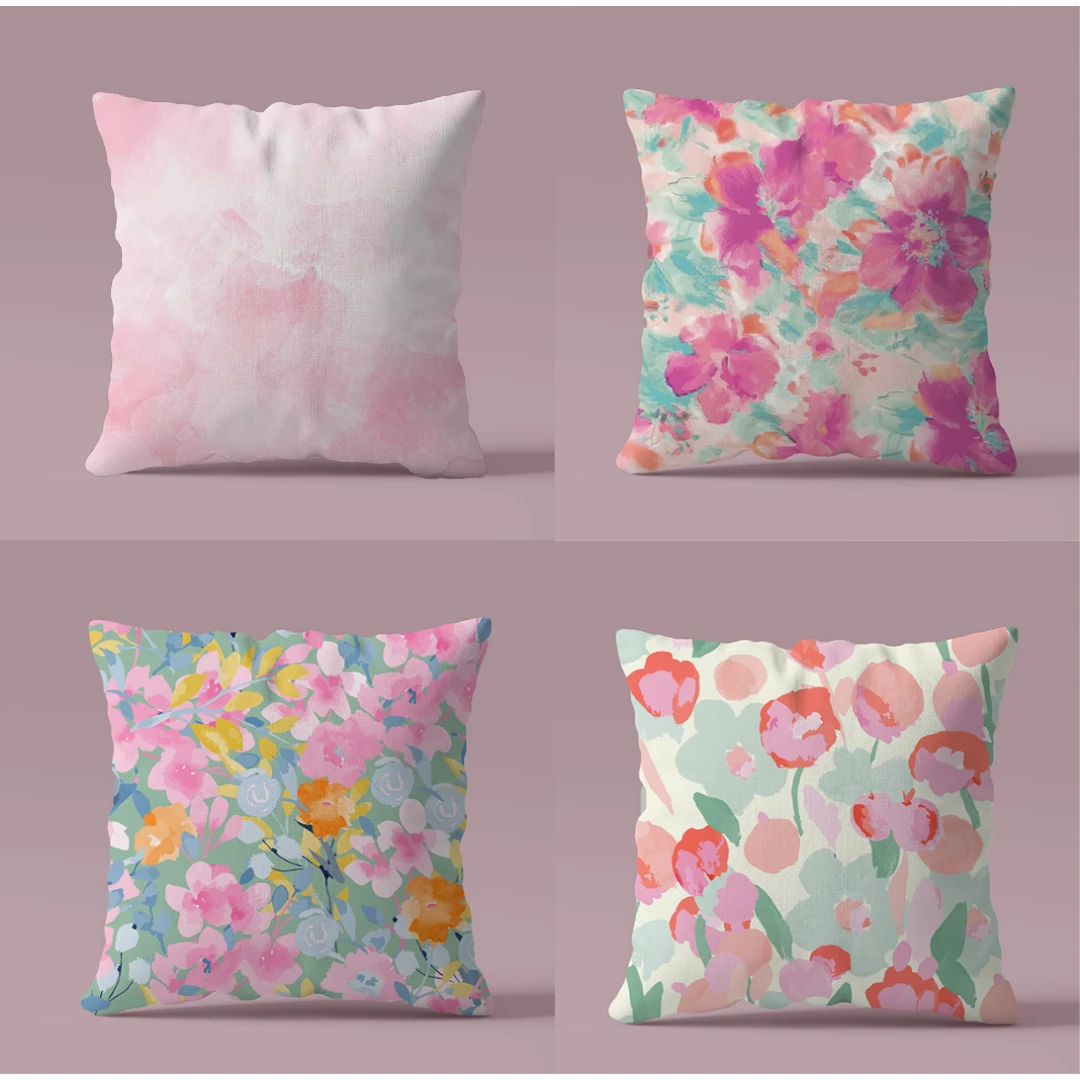 Çift Taraflı Çiçek Pembe Desenli 4'lü Dijital Baskılı Kırlent Kılıfı Seti