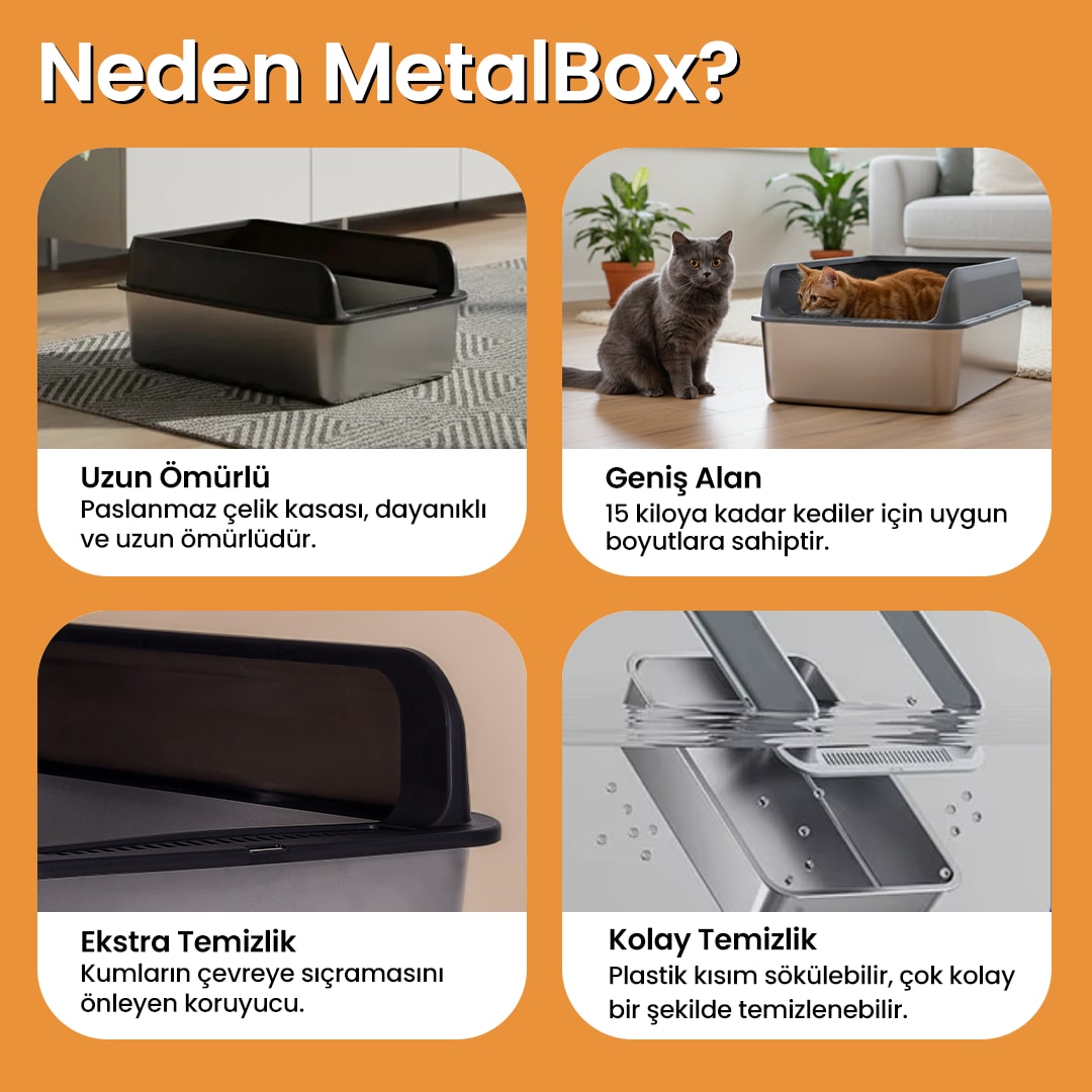 MetalBox Grey Paslanmaz Çelik Kedi Tuvaleti