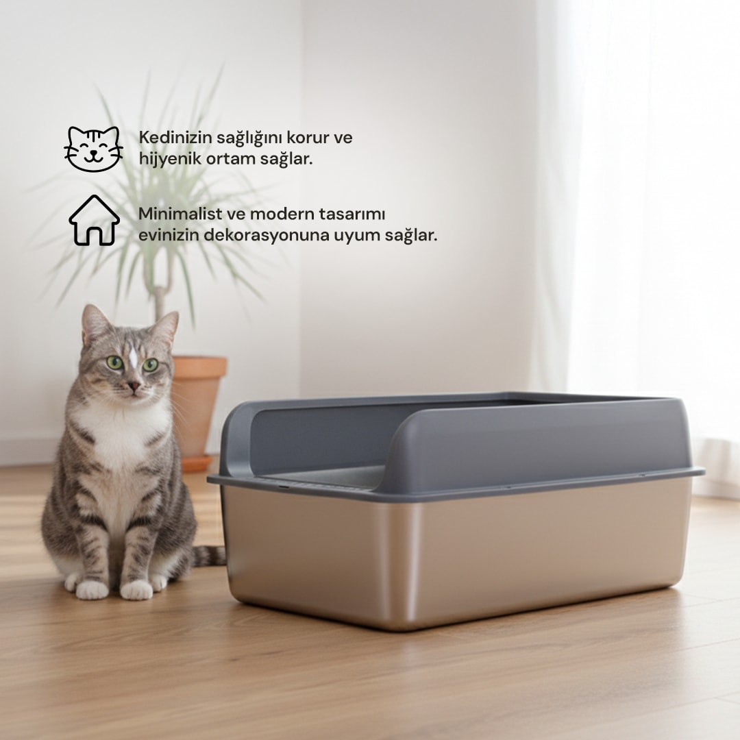 MetalBox Grey Paslanmaz Çelik Kedi Tuvaleti