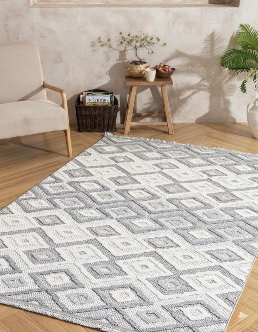 Arzen Home Gri Beyaz Bukle Halı – Geometrik Desen, Kaymaz Taban, Kolay Temizlenebilir