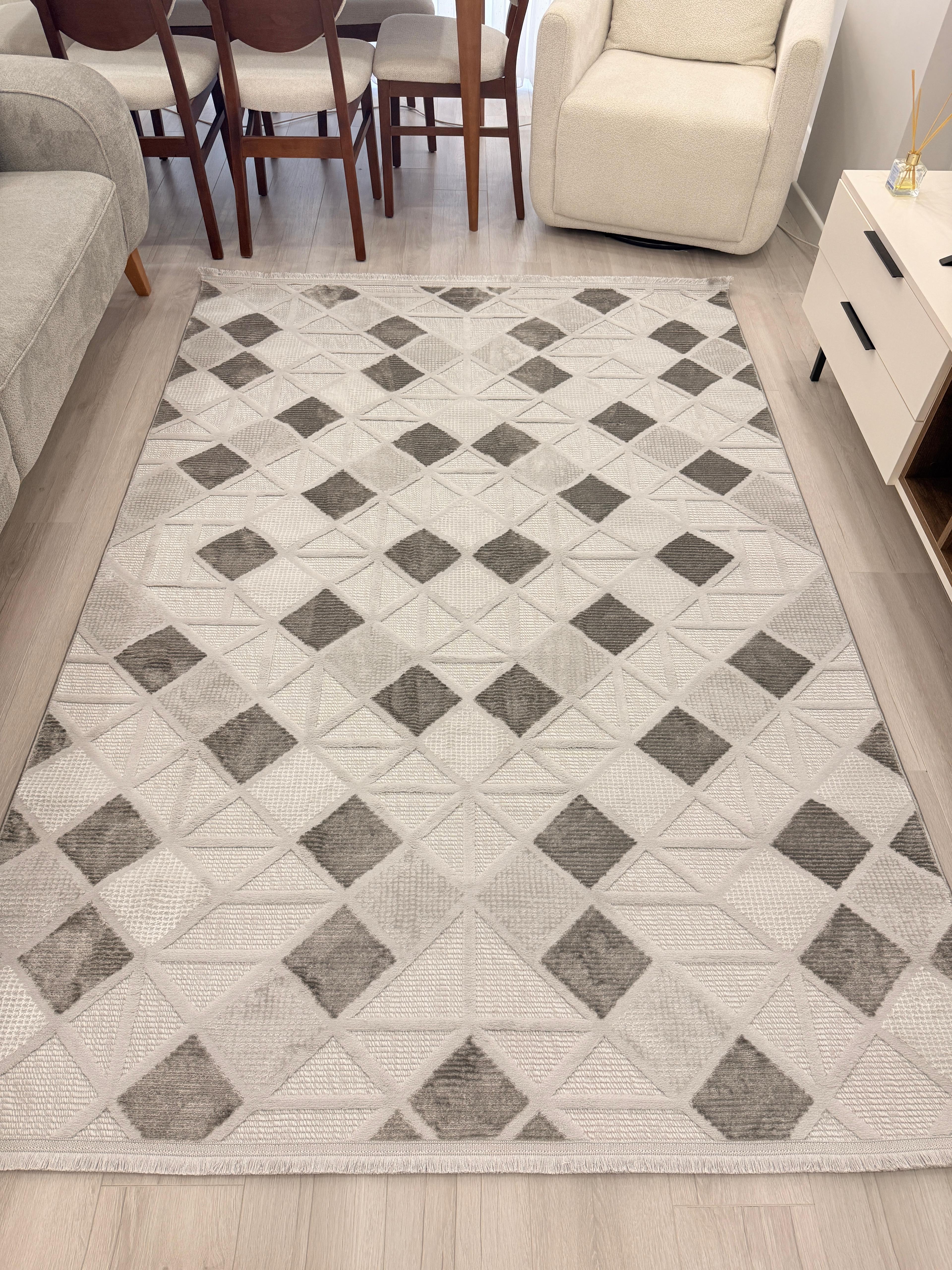 Arzen Berceste Serisi Gri Geometrik Modern  İskandinav Halı BR-02