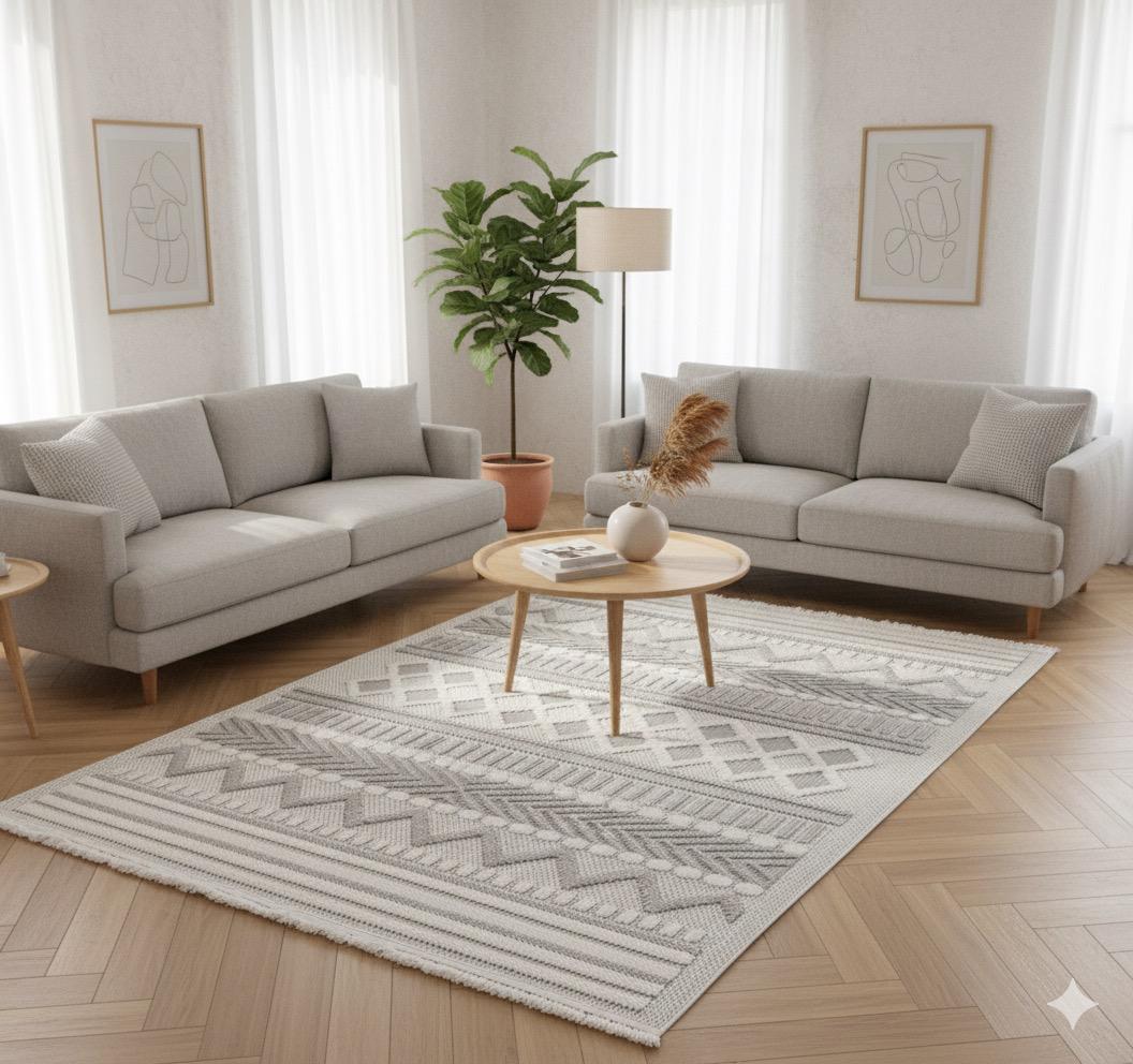 Arzen Home Bukle Halı | Gri Geometrik Desenli, Kaymaz Tabanlı ve Kalın Dokulu