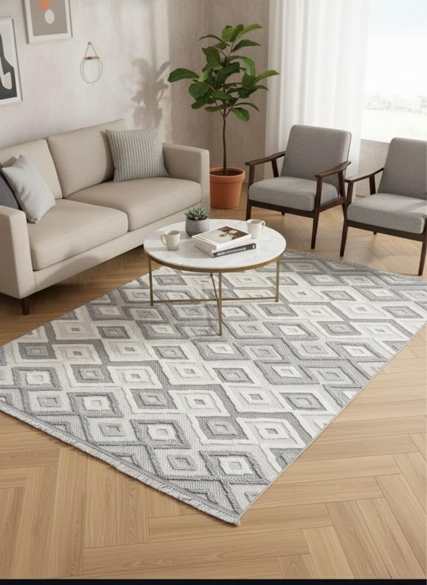 Arzen Home Gri Beyaz Bukle Halı – Geometrik Desen, Kaymaz Taban, Kolay Temizlenebilir