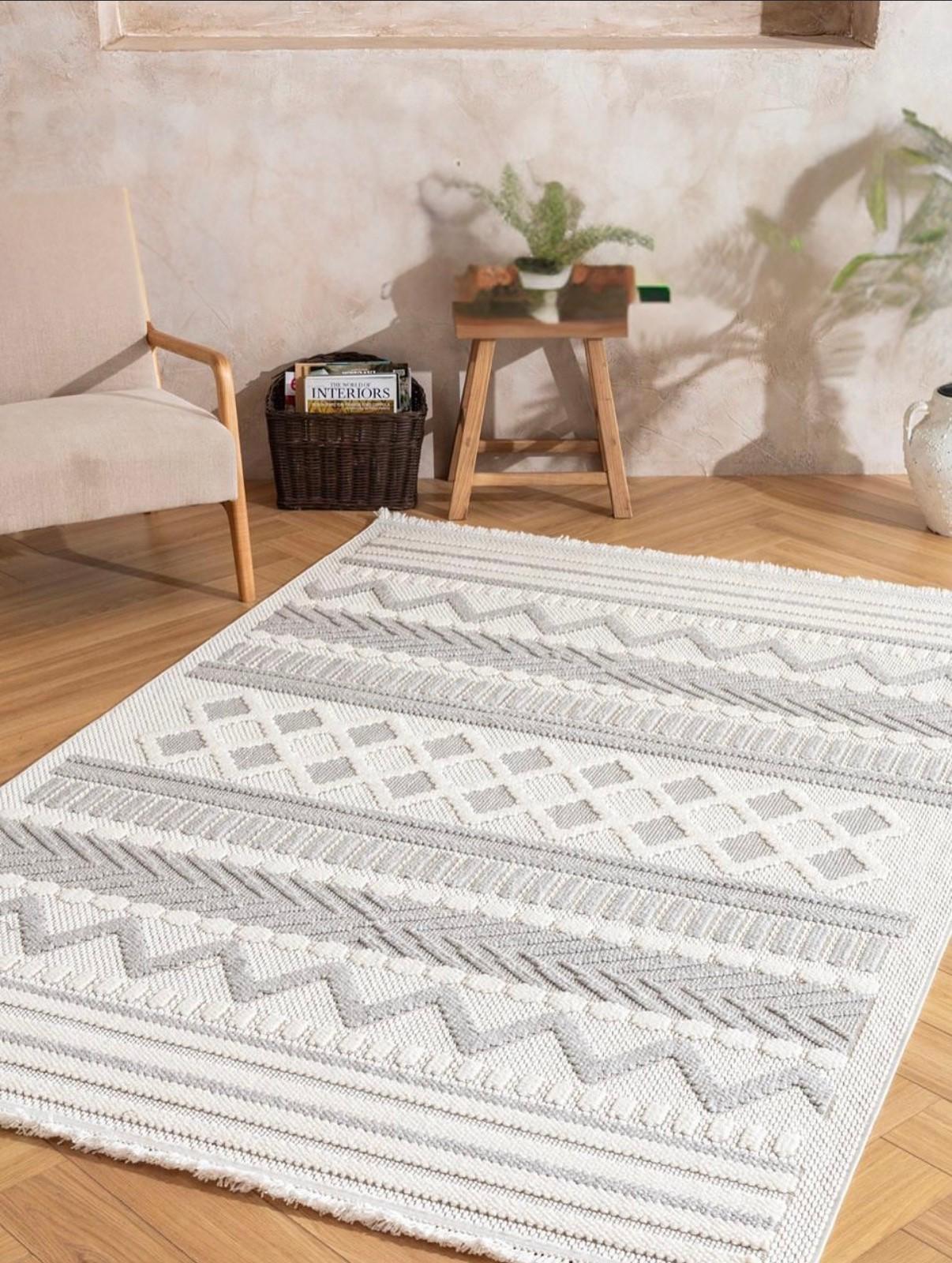 Arzen Home Bukle Halı | Gri Geometrik Desenli, Kaymaz Tabanlı ve Kalın Dokulu