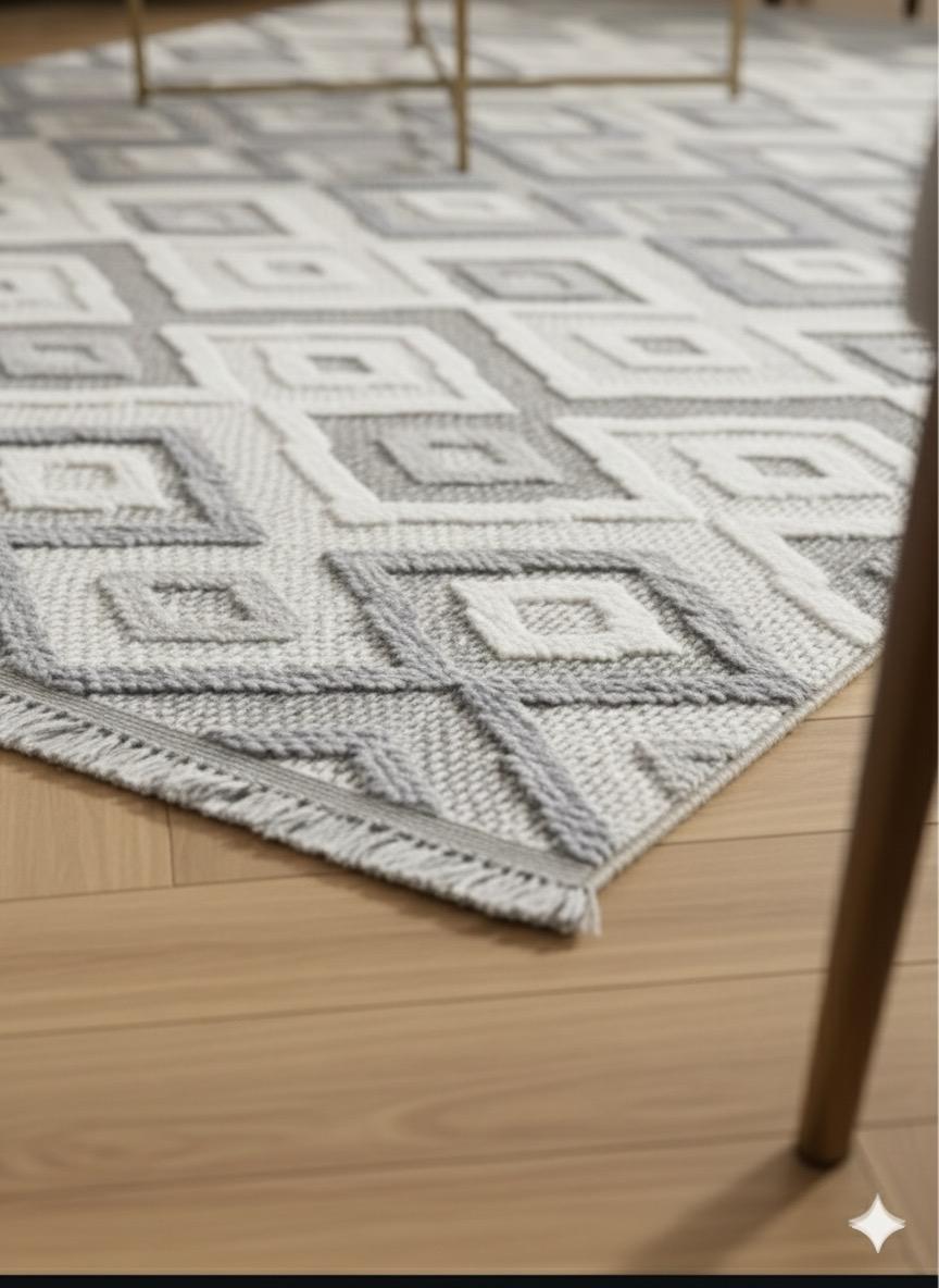 Arzen Home Gri Beyaz Bukle Halı – Geometrik Desen, Kaymaz Taban, Kolay Temizlenebilir
