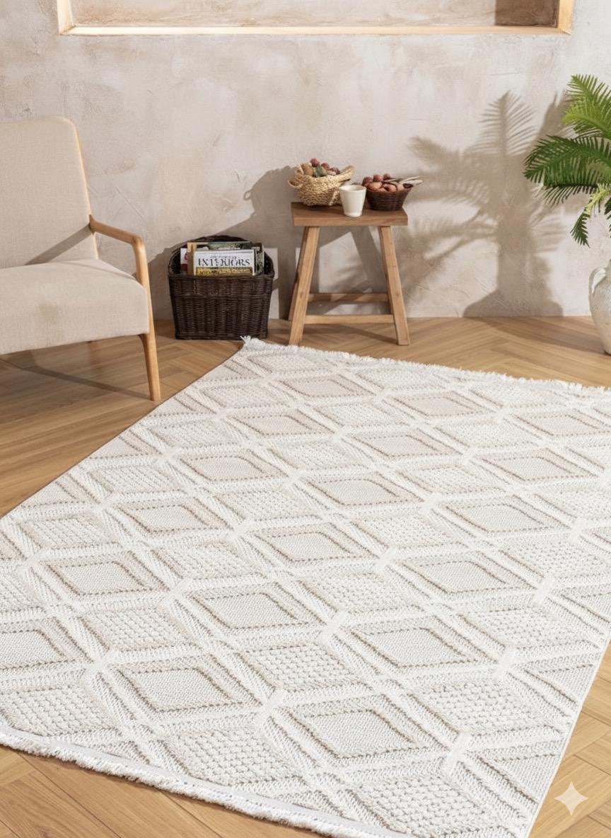 Arzen Home  Bukle Halı – Geometrik Desen, Kaymaz Taban, Kolay Temizlenebilir