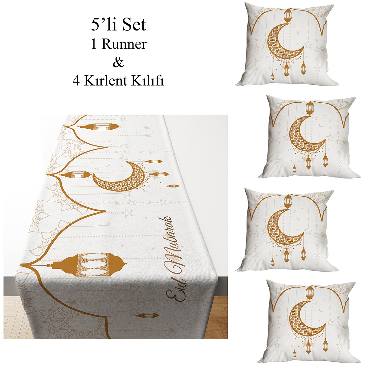 Ramazan Koleksiyonu - Ramadan Mubarek 1 Runner ve 4 Kırlent Set32