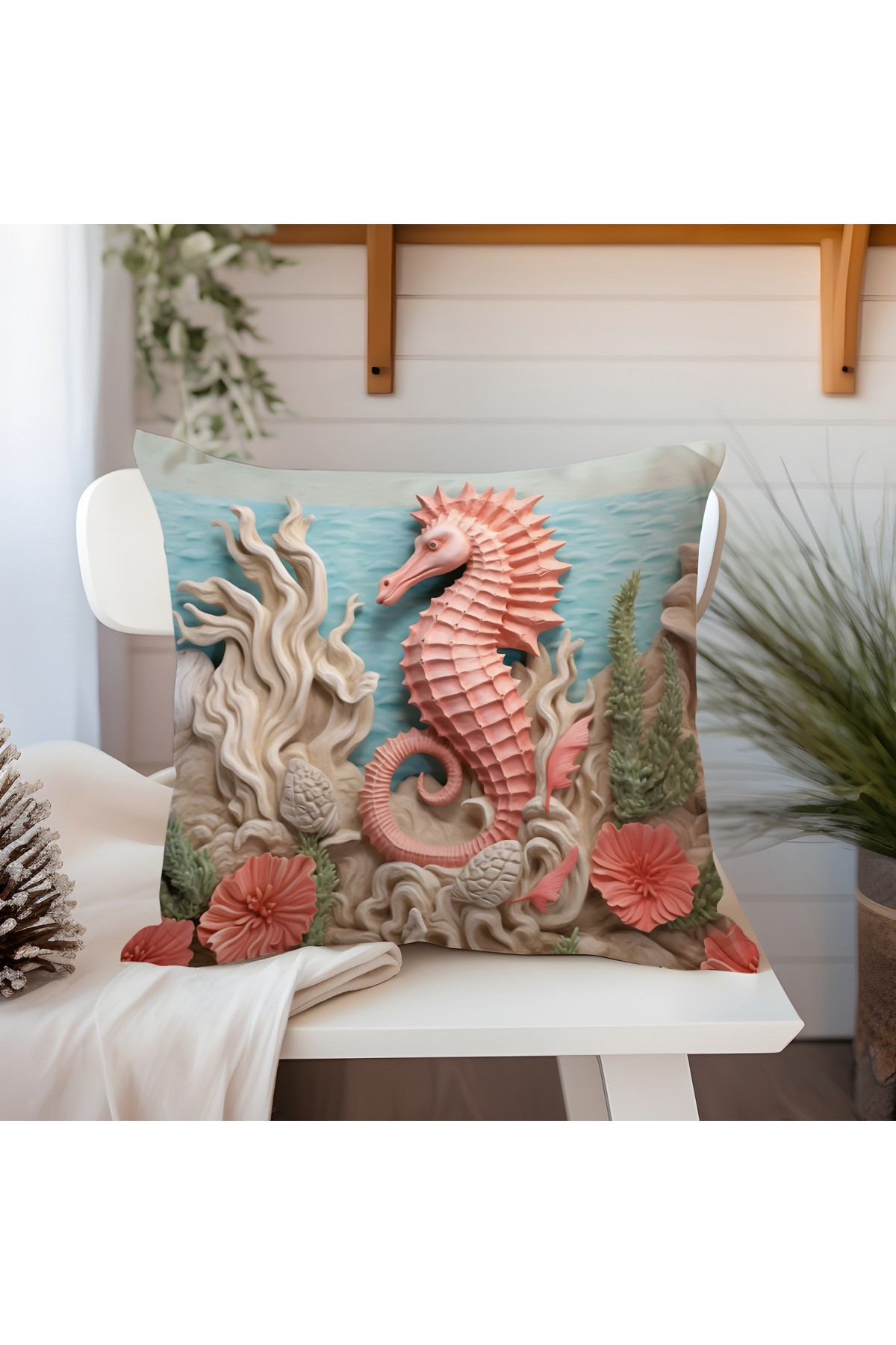 Marin Koleksiyonu - Seahorse Kırlent Kılıfı- Çift Taraflı - 3D Deniz Atı Kırlent - 45x45