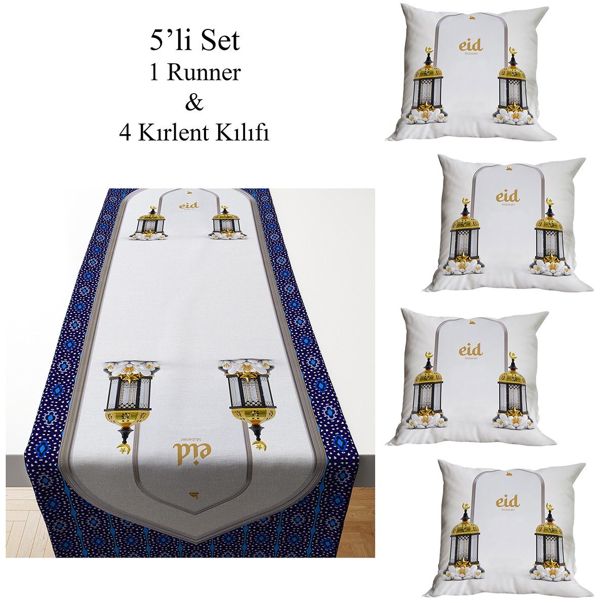 Ramazan Koleksiyonu - Ramadan Mubarek 1 Runner ve 4 Kırlent Set31