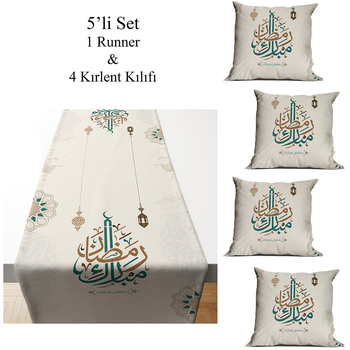 Ramazan Koleksiyonu - Ramadan Mubarek 1 Runner ve 4 Kırlent Set26