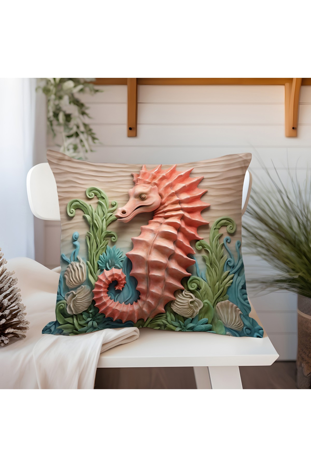 Marin Koleksiyonu - SeaHorse Kırlent Kılıfı- Çift Taraflı - 3D Deniz Atı Kırlent - 45x45