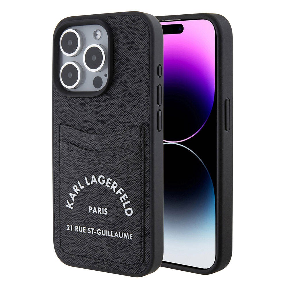 iPhone 15 Pro Kılıf Karl Lagerfeld Kartlıklı Saffiano 3D RSG Logo Orjinal Lisanslı Kapak