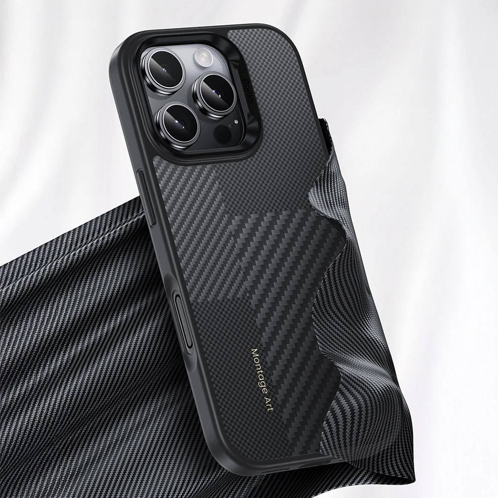 Apple iPhone 16 Pro Max Kılıf Karbon Fiber M-safe Şarj Özellikli Kamera Kontrol Butonlu Benks Hybrid ArmorPro Montage Kevlar Kapak