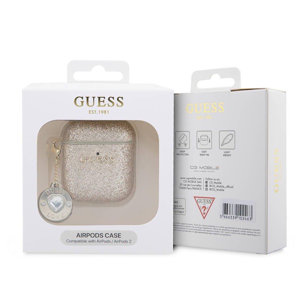 Airpods Kılıf Guess Orjinal Lisanslı Glitter Elmas Kalp Süs Zincirli Kapak