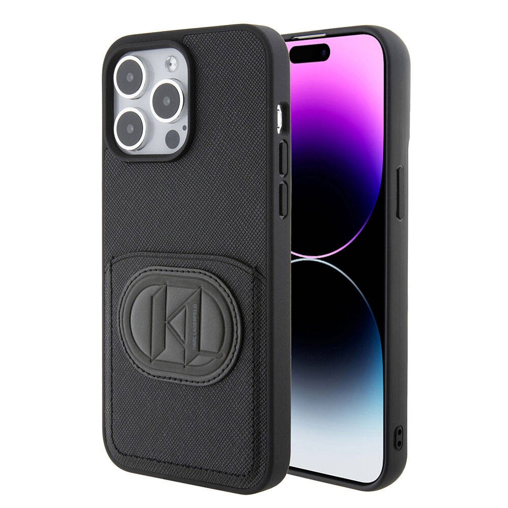 iPhone 15 Pro Max Kılıf Karl Lagerfeld Kartlıklı Saffiano K&L Patch Orjinal Lisanslı Kapak