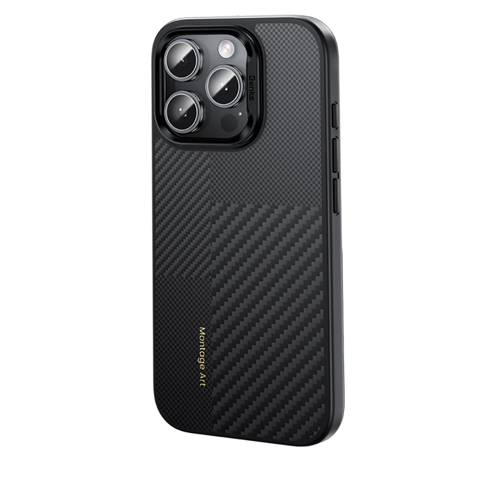 Apple iPhone 16 Pro Max Kılıf Karbon Fiber M-safe Şarj Özellikli Kamera Kontrol Butonlu Benks Hybrid ArmorPro Montage Kevlar Kapak