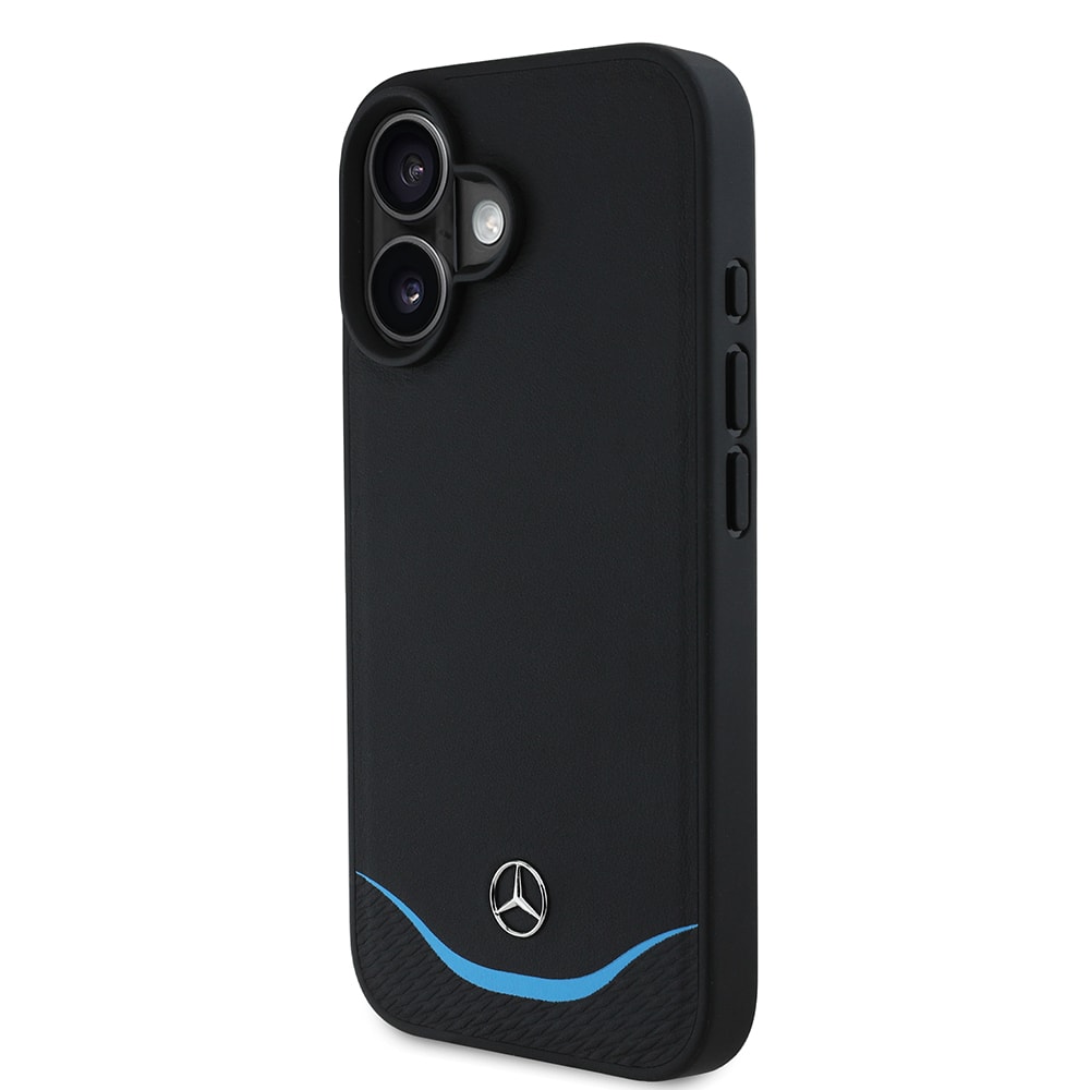 Apple iPhone 16 Kılıf Mercedes Benz Orjinal Lisanslı M-safe Şarj Özellikli 3D Metal Logolu Mavi Yatay Eğri Çizgili Deri Kapak